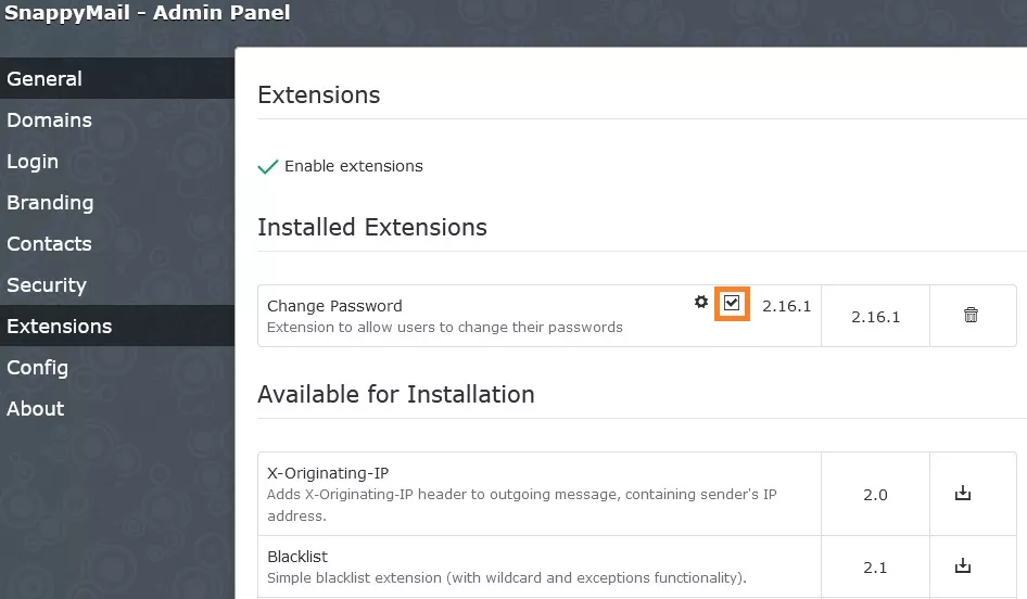 snappymail change enable extension